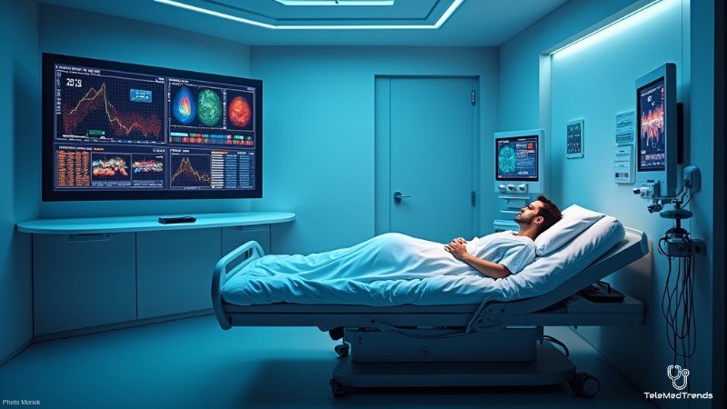 5g Revolutionizes Remote Patient Monitoring in Healthcare Market, Concept art for illustrative purpose, tags: telemedicine - Monok