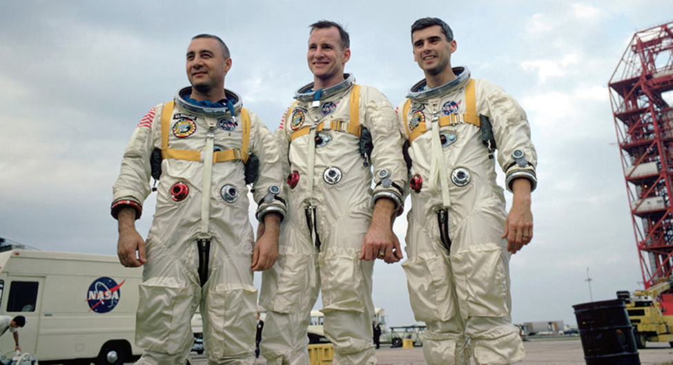 NASA astronauts, from left, Virgil Grissom, Edward White II and Roger Chaffee visit the Cape Kennedy launch pad.